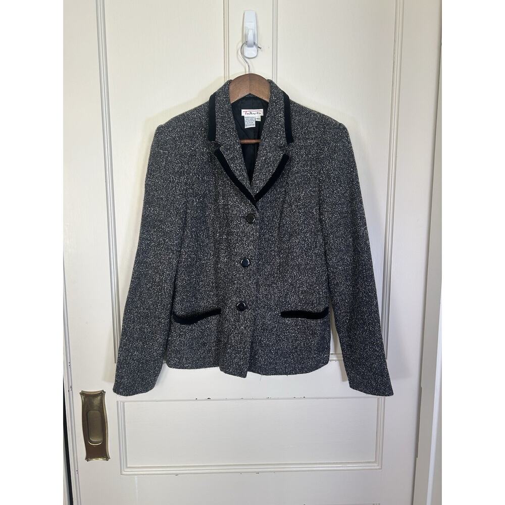 Vintage Talbots Tweed Velvet Button Blazer Womens Size 10 Black Classic Preppy - Picture 1 of 7